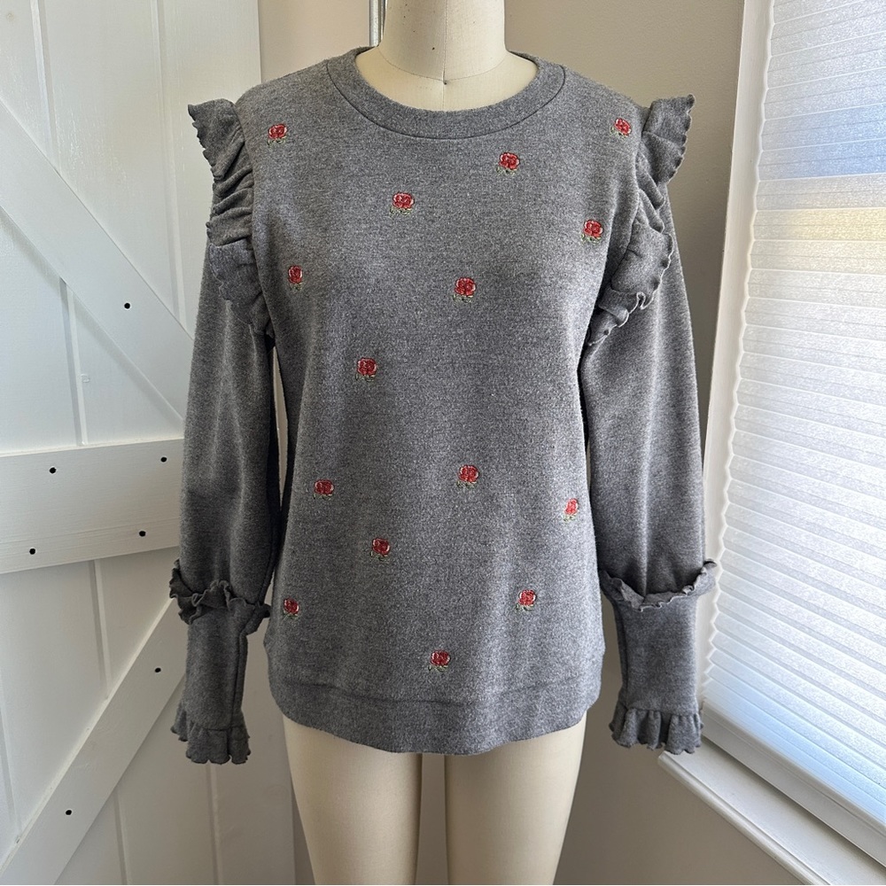 C/MEO Embroidered Floral Ruffle Sweater